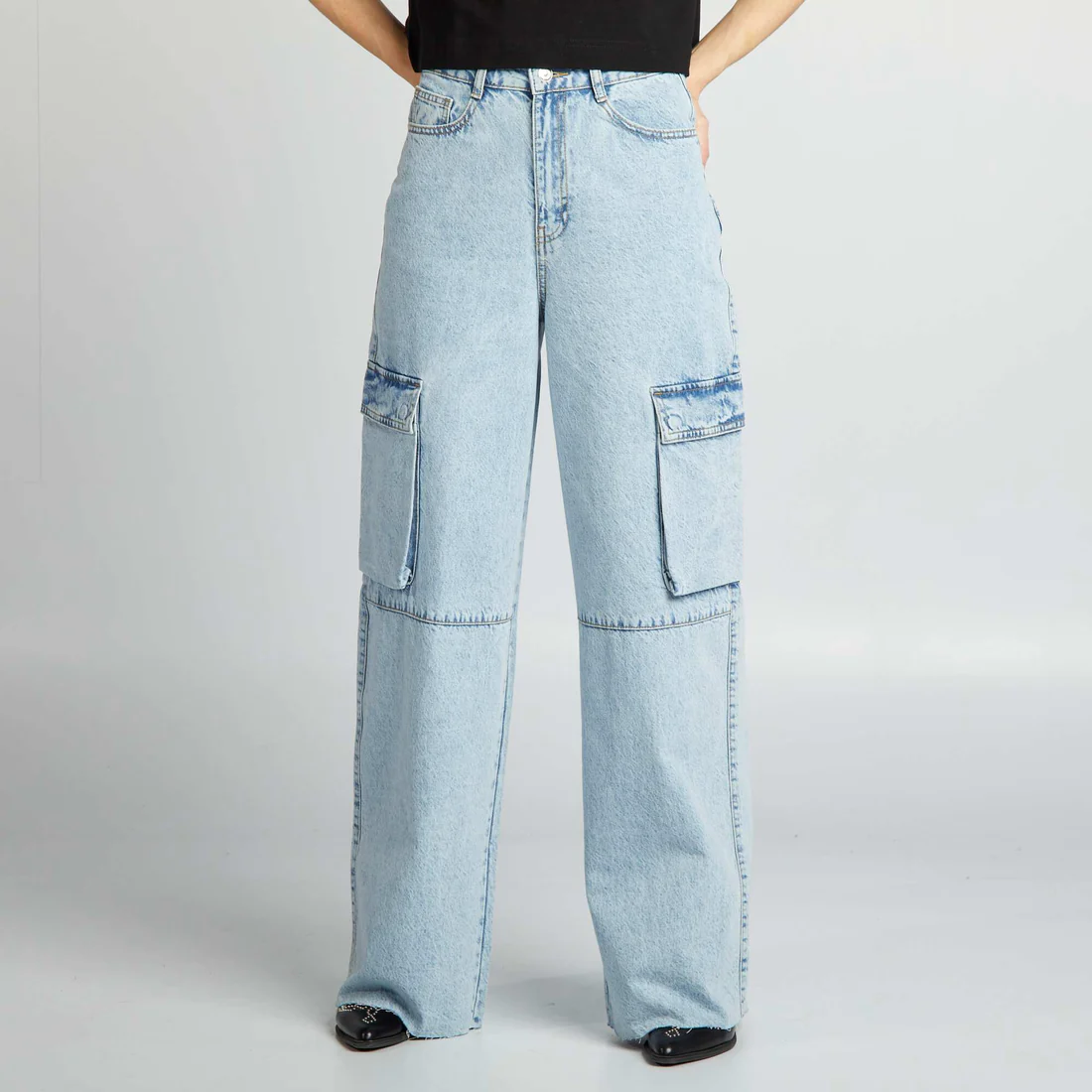  multiPocket wide leg women jeans-blue